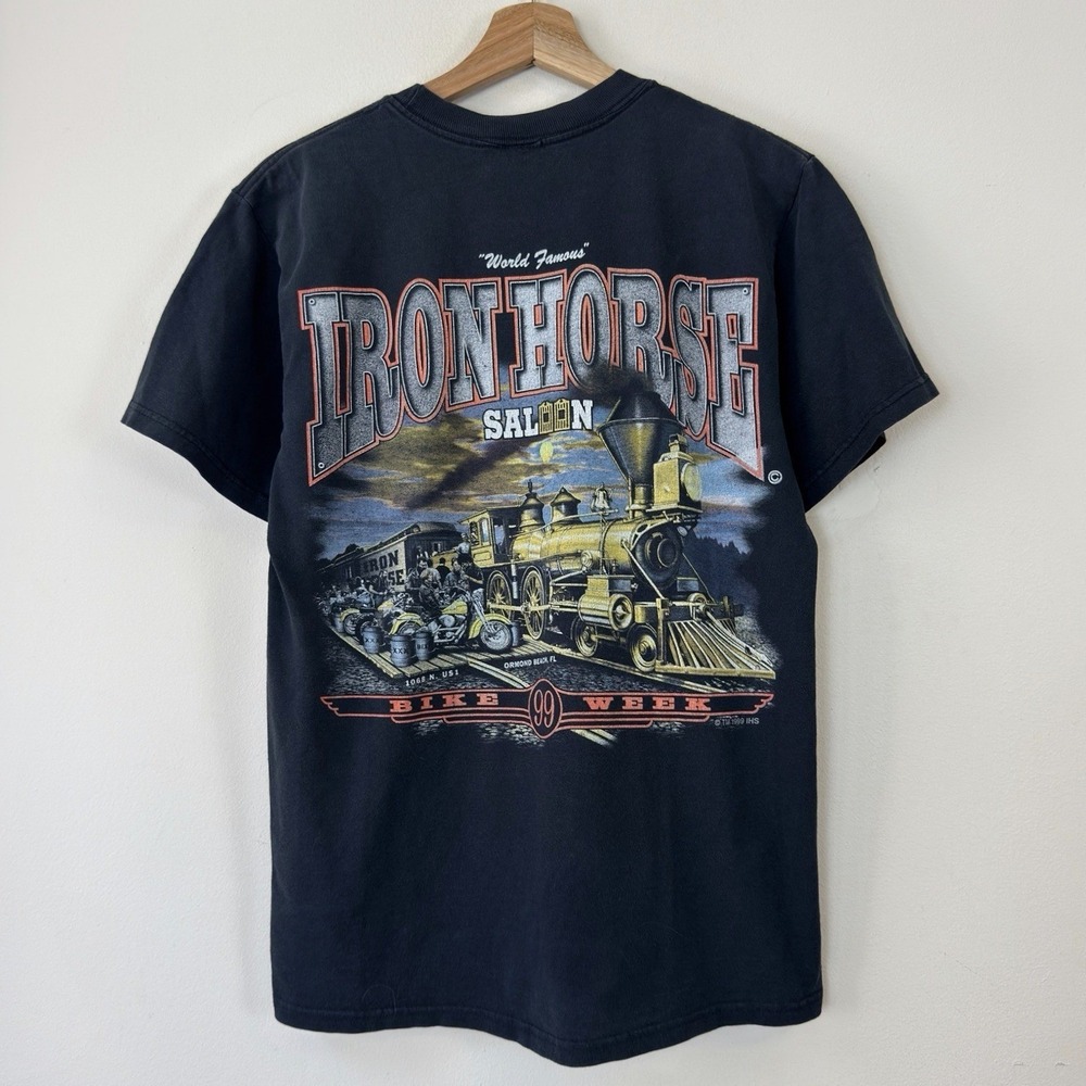 Vintage 90's Iron Horse Saloon Bike Week Motorcycle Train Black Tee Shirt - M